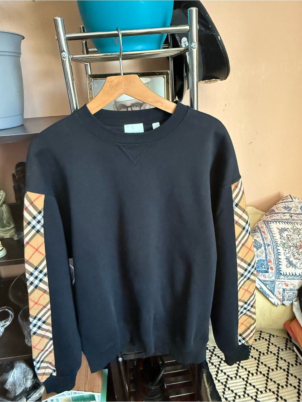 Burberry Black Crewneck Sweatshirt with Tan Plaid Sleeve Panels